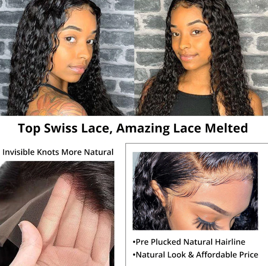 13X4 Lace Frontal Wig 180% Density Deep Wave  Human Hair Wig 16-40 Inch #1B Natural Color