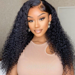 13X6 Lace Frontal Wig 180% Density Deep Curly Human Hair Wig 16-40 Inch #1B Natural Color