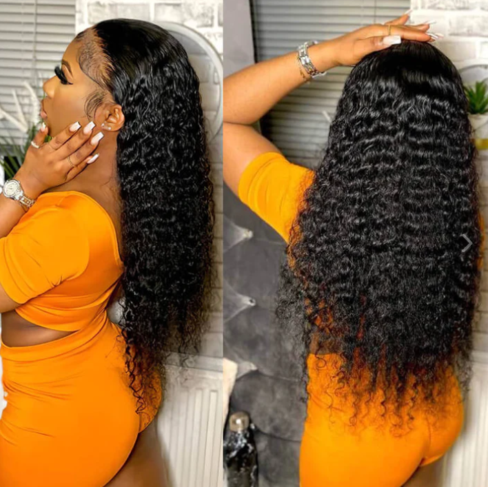 13X6 Lace Frontal Wig 180% Density Deep Wave Human Hair Wig 16-40 Inch #1B Natural Color