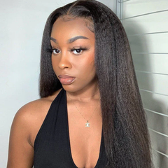 13X6 Lace Frontal Wig 180% Density Kinky Straight Human Hair Wig 16-40 Inch #1B Natural Color