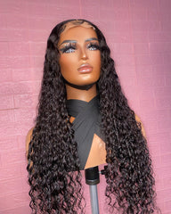 5X5 Lace Closure Wig 180% Density Deep Wave Human Hair Wig 16-30 Inch #1B Natural Color