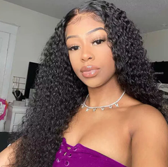 5X5 Lace Closure Wig 180% Density Kinky Curly Human Hair Wig 16-30 Inch #1B Natural Color