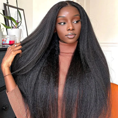 5X5 Lace Closure Wig 180% Density Kinky Straight Human Hair Wig 16-30 Inch #1B Natural Color