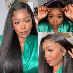 5X5 Lace Closure Wig 180% Density Kinky Straight Human Hair Wig 16-30 Inch #1B Natural Color