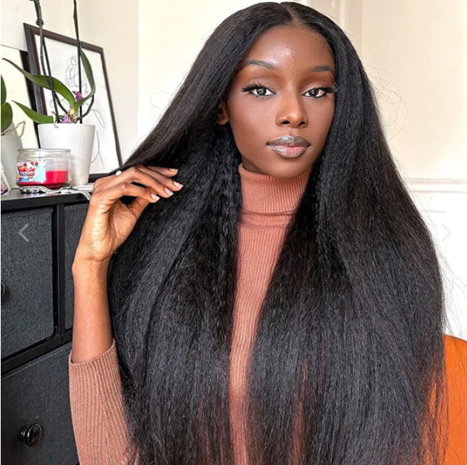 5X5 Lace Closure Wig 180% Density Kinky Straight Human Hair Wig 16-30 Inch #1B Natural Color