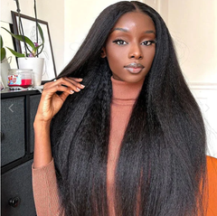 5X5 Lace Closure Wig 180% Density Kinky Straight Human Hair Wig 16-30 Inch #1B Natural Color