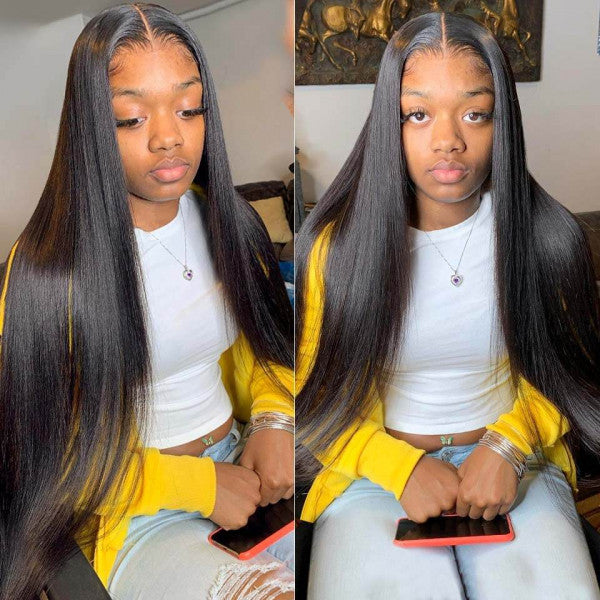 5X5 Lace Closure Wig 180% Density Straight Human Hair Wig 16-30 Inch #1B Natural Color