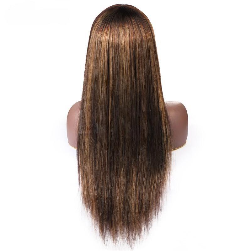 Colored Wig with Bang 150% Density Straight Human Hair Wig 10-32 Inch P4/27 Highlight Color