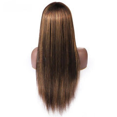 Colored Wig with Bang 150% Density Straight Human Hair Wig 10-32 Inch P4/27 Highlight Color