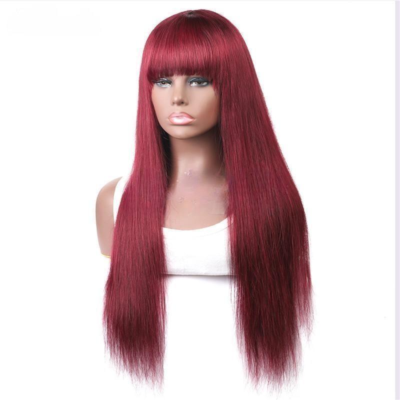 Colored Wig with Bang 150% Density Straight Human Hair Wig 10-32 Inch 99J Color