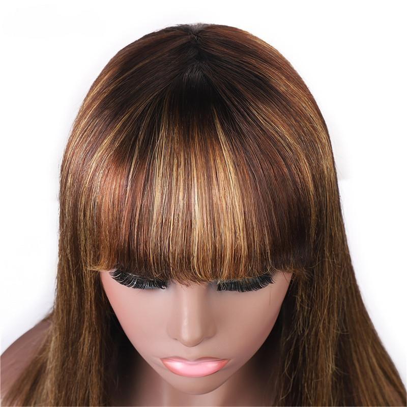Colored Wig with Bang 150% Density Straight Human Hair Wig 10-32 Inch P4/27 Highlight Color