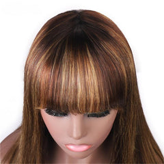 Colored Wig with Bang 150% Density Straight Human Hair Wig 10-32 Inch P4/27 Highlight Color