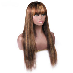 Colored Wig with Bang 150% Density Straight Human Hair Wig 10-32 Inch P4/27 Highlight Color