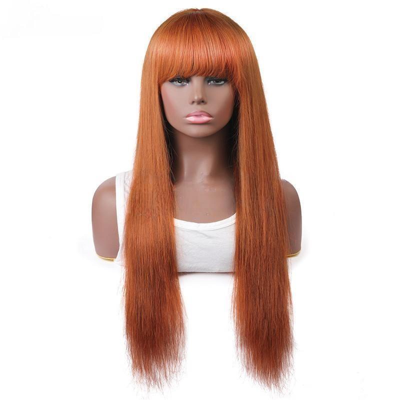 Colored Wig with Bang 150% Density Straight Human Hair Wig 10-32 Inch Ginger Color