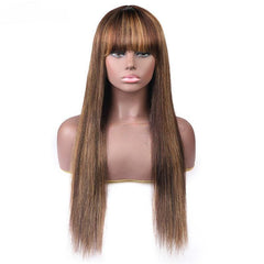 Colored Wig with Bang 150% Density Straight Human Hair Wig 10-32 Inch P4/27 Highlight Color