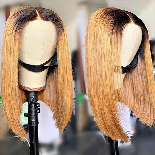 Colored Bob Wig 150% Density Straight Human Hair Wig 10-14 Inch Ombre Color