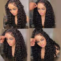 13X4 Lace Frontal Wig 200% Density Deep Curly Human Hair Wig 16-40 Inch #1B Natural Color