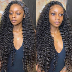 13X4 Lace Frontal Wig 200% Density Deep Wave Human Hair Wig 16-40 Inch #1B Natural Color