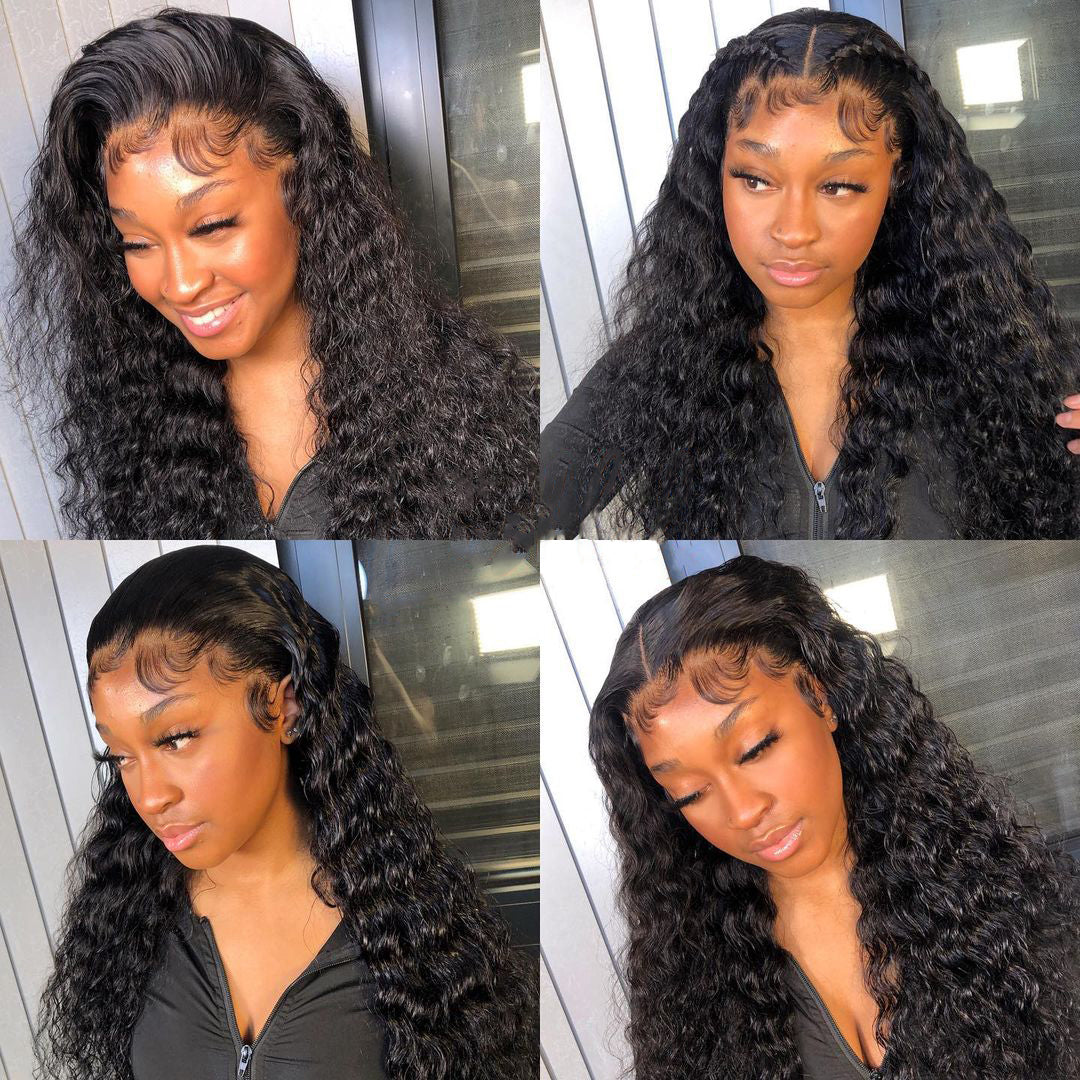 13X4 Lace Frontal Wig 200% Density Deep Wave Human Hair Wig 16-40 Inch #1B Natural Color