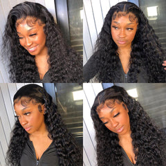13X4 Lace Frontal Wig 200% Density Deep Wave Human Hair Wig 16-40 Inch #1B Natural Color