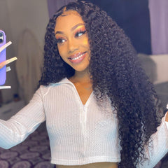 13X4 Lace Frontal Wig 200% Density Kinky Curly Human Hair Wig 16-40 Inch #1B Natural Color