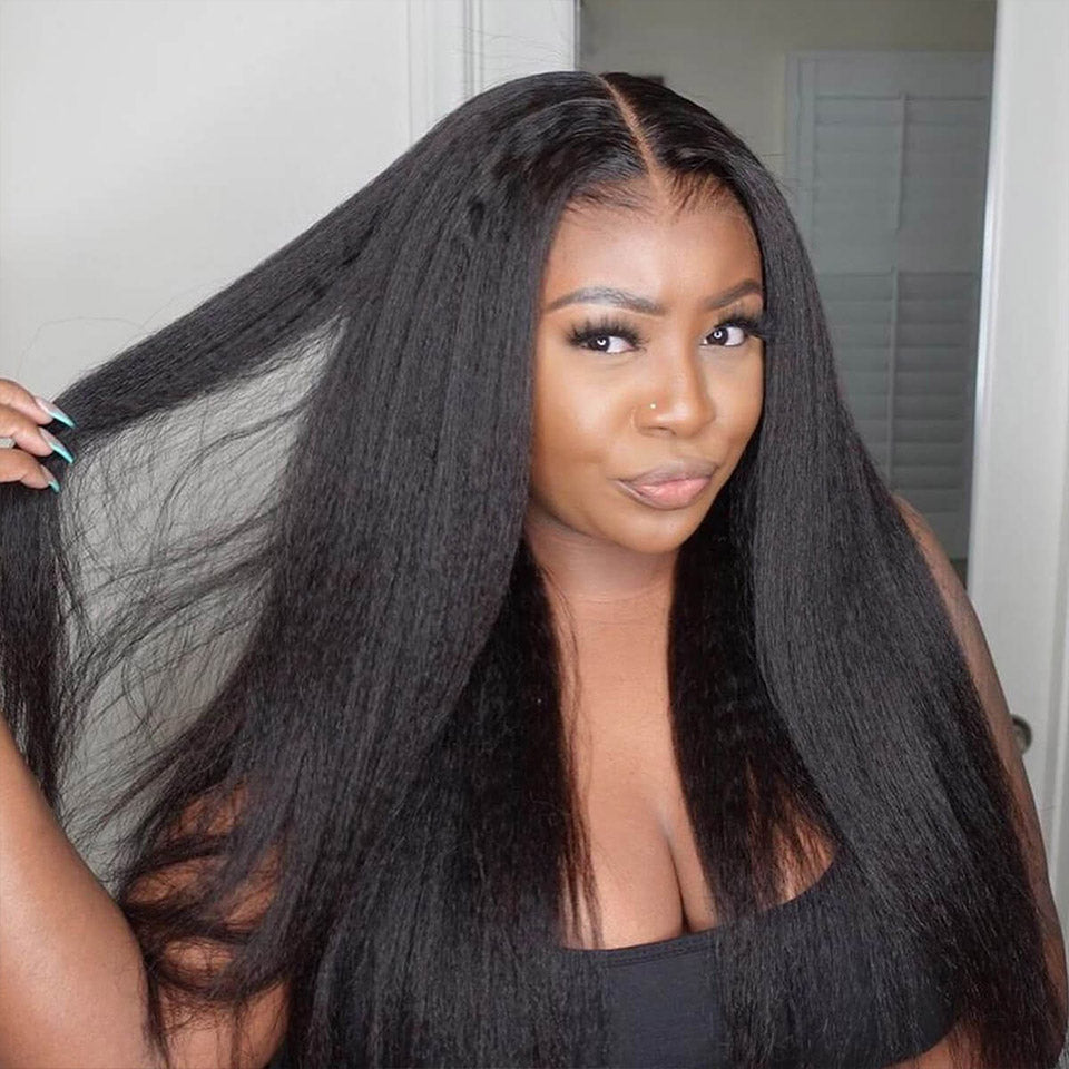 13X4 Lace Frontal Wig 200% Density Kinky Straight Human Hair Wig 16-40 Inch #1B Natural Color