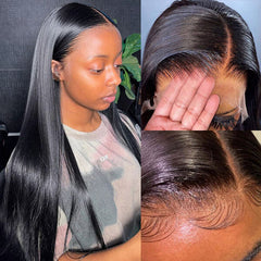 13X4 Lace Frontal Wig 200% Density Straight  Human Hair Wig 16-40 Inch #1B Natural Color