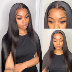13X4 Lace Frontal Wig 180% Density Straight Human Hair Wig 16-40 Inch #1B Natural Color