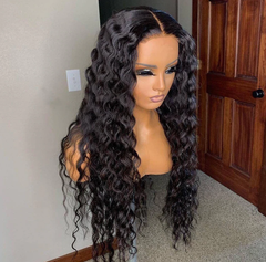 13X4 Lace Frontal Wig 180% Density Deep Wave  Human Hair Wig 16-40 Inch #1B Natural Color