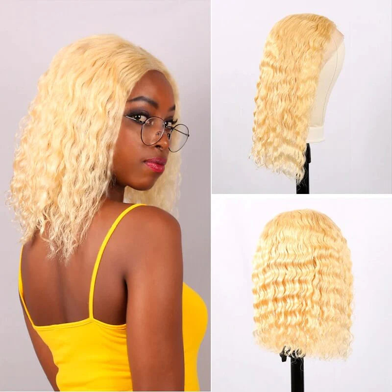 13X4 BOB Wig 150% Density Deep Wave Human Hair Wig 8-14 Inch #613 Blonde