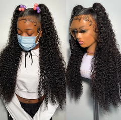 13X4 Lace Frontal Wig 180% Density Deep Curly  Human Hair Wig 16-40 Inch #1B Natural Color