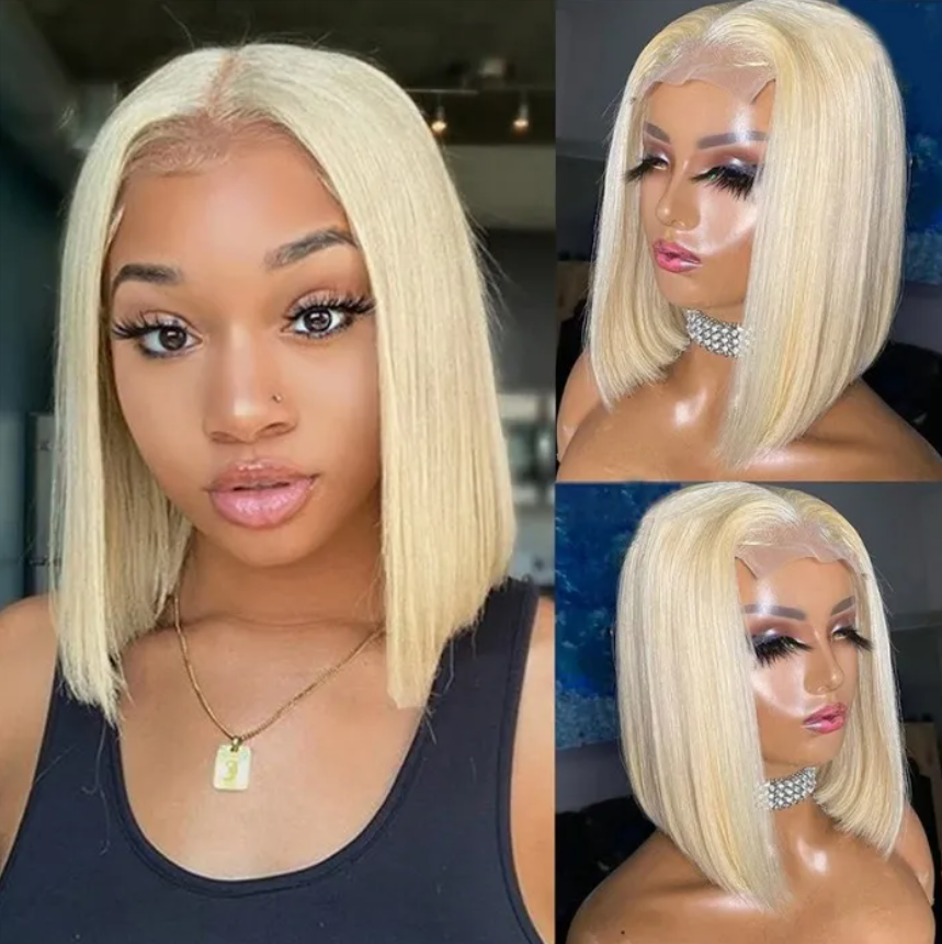 13X4 BOB Wig 150% Density Straight Human Hair Wig 8-14 Inch #613 Blonde