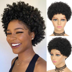 Summer Pixie Wig 150% Density Curly Human Hair Wig 6 Inch #1B Natural Color USH052