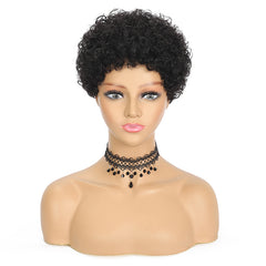 Summer Pixie Wig 150% Density Curly Human Hair Wig 6 Inch #1B Natural Color USH052