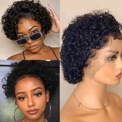 Summer Pixie Wig 150% Density Curly Human Hair Wig 6-8 Inch #1B Natural Color U22058H