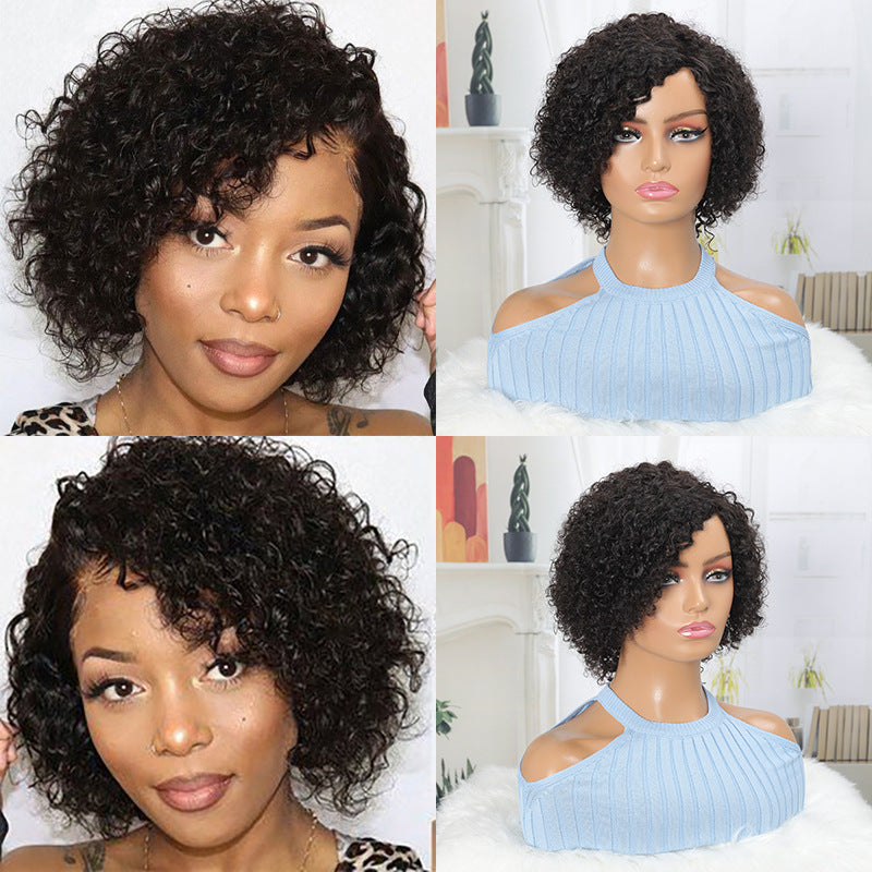 Summer Pixie Wig 150% Density Curly Human Hair Wig 8 Inch #1B Natural Color USHXT8