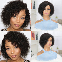 Summer Pixie Wig 150% Density Curly Human Hair Wig 8 Inch #1B Natural Color USHXT8