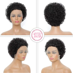 Summer Pixie Wig 150% Density Curly Human Hair Wig 6-8 Inch #1B Natural Color U22058H