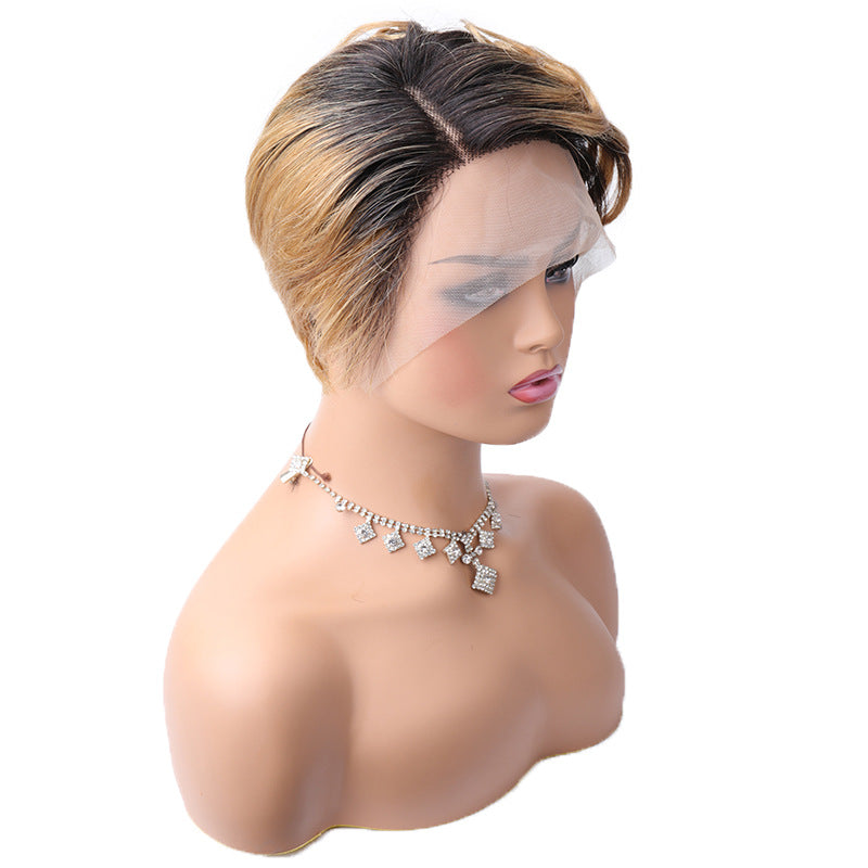 Summer Pixie Wig 150% Density Curly Human Hair Wig 8 Inch #1B/27 Color USH85